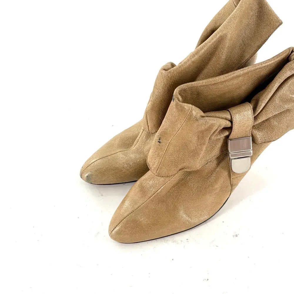 Dolce Vita Foldover Leather Booties 8.5 Tan Ankle Boots Heel Buckle Retro Glam